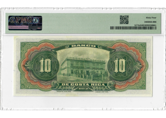 Costa Rica 10 Colones ND (1901-08), PMG 64, „Banco de Costa Rica“ Pick# S174r
