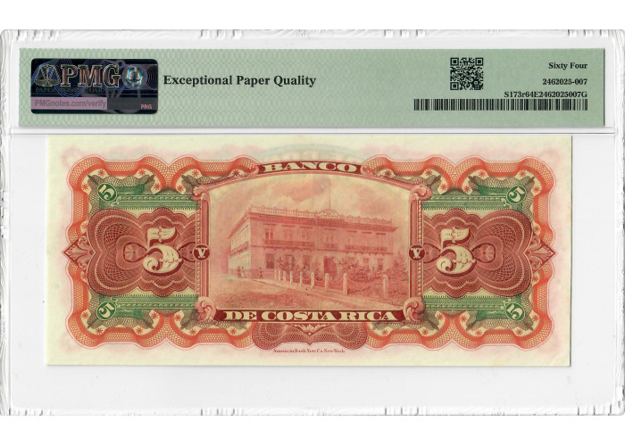 Costa Rica 5 Colones ND (1901-08), PMG 64 EPQ, „Banco de Costa Rica“ Pick# S173r