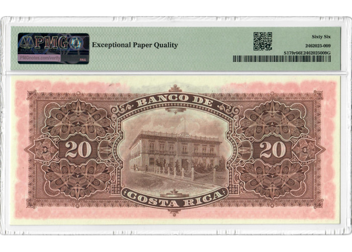 Costa Rica 20 Colones 1906, PMG 66 EPQ, „Banco de Costa Rica“ Pick# S179r