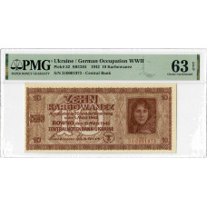 Україна 10 карбованців 1942, PMG 63 EPQ, "Німецька окупація, Друга світова війна" Pick# 52
