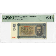 Slovakia 10 Korun 1943,  PMG 64 EPQ SPECIMEN, "National Bank" Pick# 6s