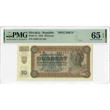 Slovakia 20 Korun 1942, PMG 65 EPQ SPECIMEN, "National Bank" Pick# 7s