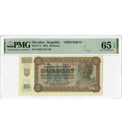 Slovakia 20 Korun 1942, PMG 65 EPQ SPECIMEN, "National Bank" Pick# 7s
