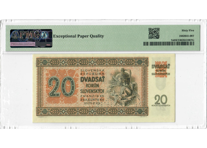 Slovakia 20 Korun 1942, PMG 65 EPQ SPECIMEN, "National Bank" Pick# 7s