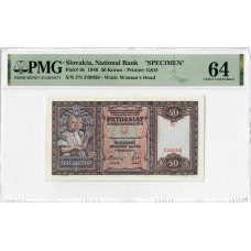 Slovakia 50 Korun 1940, PMG 64 SPECIMEN, "National Bank" Pick# 9s