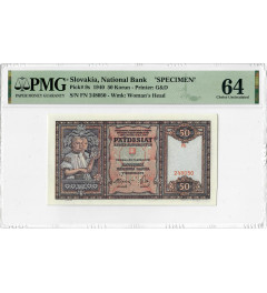Slovakia 50 Korun 1940, PMG 64 SPECIMEN, "National Bank" Pick# 9s