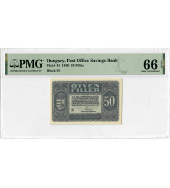 Hungary 50 Filler 1920, PMG 66 EPQ, "Post Office Savings Bank" Pick# 44 Top Pop