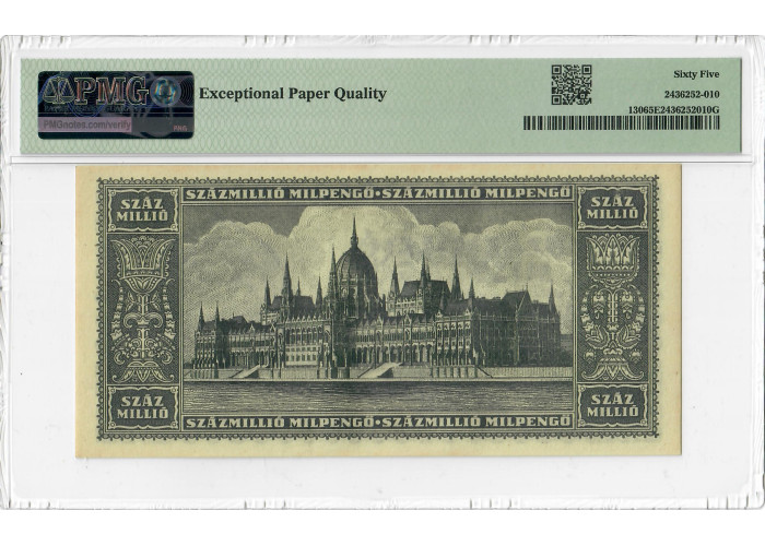 Hungary 100 Million Milpengo 1946, PMG 65 EPQ, "National Bank" Pick #130