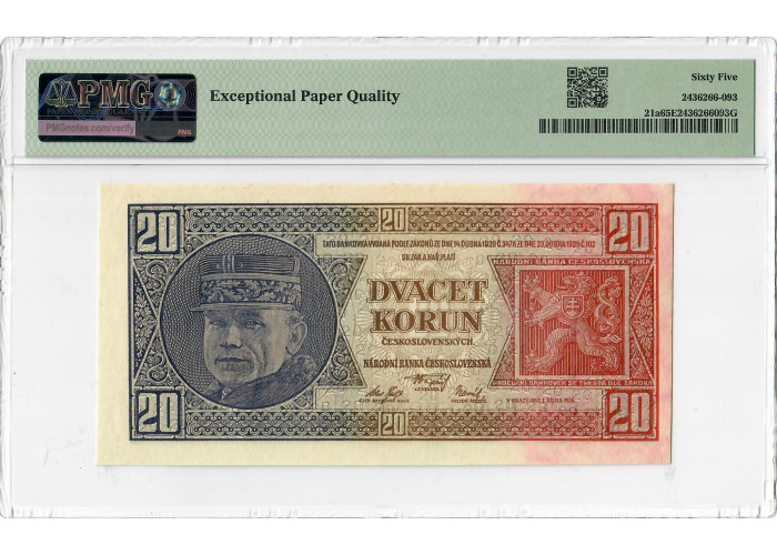 Czechoslovakia 20 Korun 1926, PMG 65 EPQ, "National Bank" Pick# 21a