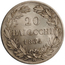 Papal States 20 baiocchi 1864 XVIII R, UNC, "Pope Pius IX (1846 - 1878)"