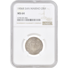 San Marino 1 lira 1906 R, NGC MS64, "Republic of San Marino (1864 - 1938)"