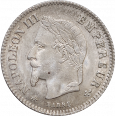 France 20 centimes 1867 A, BU, "Emperor Napoleon III (1852 - 1870)"