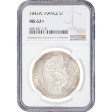 France 5 francs 1843 W, NGC MS62+, "King Louis Philippe I (1830 - 1848)"