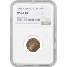 Czechoslovakia 10 heleru 1935, NGC MS63 RB, "First Republic (1919 - 1938)"