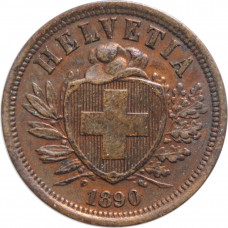 Switzerland 2 rappen 1890 B, AU, "Confoederatio Helvetica (1850 - 1916)"