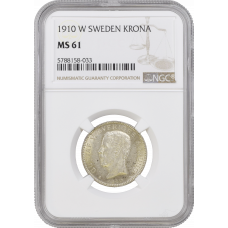 Sweden 1 krona 1910 W, NGC MS61, "King Gustaf V (1908 - 1950)"