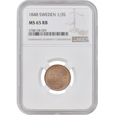 Sweden 1/3 skilling banco 1848, NGC MS65 RB, "King Oscar I (1844-1859)" Top Pop