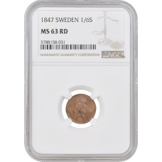 Sweden 1/6 skilling banco 1847, NGC MS63 RD, "King Oscar I (1844 - 1859)"