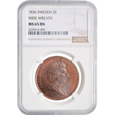 Sweden 2 skilling 1836, NGC MS65 BN, "Charles XIV John (1818-1844)" Wide Top Pop