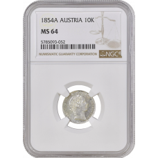 Австрия 10 крейцеров 1854 г. A, NGC MS64, "Император Франц Иосиф I (1848 - 1916)" Top Pop