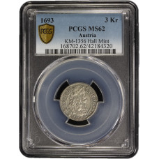 Austria 3 kreuzer 1693, PCGS MS62, "Emperor Leopold I (1657 - 1705)"