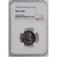 Vatican City 10 centesimi 1932, NGC MS67, "Pope Pius XI (1929 - 1938)"