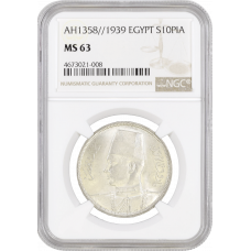 Egypt 10 piastres AH 1358 (1939), NGC MS63, "King Farouk (1936 - 1952)"