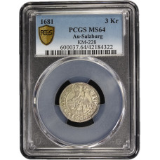 Зальцбург 3 крейцера 1681 г., PCGS MS64, "Архиепископ Макс Гандольф фон Куэнбург (1668 - 1687)"