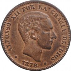 Spain 10 centimos 1878 OM, AU, "King Alfonso XII (1875 - 1885)"