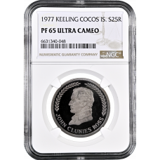 Keeling Cocos Islands 25 Rupees 1977, NGC PF65 UC, "150 Years of the Kingdom"