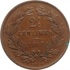 Luxembourg 2 1/2 centimes 1908, AU, "Grand Duchy of Luxembourg (1854 - 1917)"