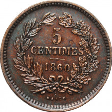 Luxembourg 5 centimes 1860 A, AU, "Grand Duke William III (1849 - 1890)"