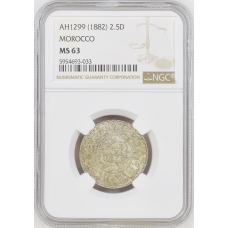 Morocco 2 1/2 dirham AH 1299 (1882), NGC MS63, "Sultan Hassan I (1873 - 1894)"