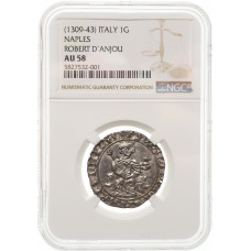 Naples 1 gigliato ND (1309-1343), NGC AU58, "King Roberto d'Angiò (1309-1343)"