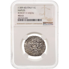 Naples 1 gigliato ND (1309-1343), NGC MS61, "King Roberto d'Angiò (1309-1343)"