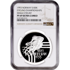 Норвегия 100 крон 1993 г., NGC PF69 UC, "Чемпионат мира по велоспорту"