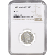 Норвегия 12 скиллингов 1873 г., NGC MS61, "Король Оскар II (1872 - 1905)"