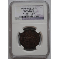 Papal States 1 baiocco 1842 R XI, NGC AU Details, "Pope Gregory XVI (1831-1846)"