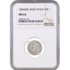 Spain 50 centimos 1880 MS-M, NGC MS63, "King Alfonso XII (1874 - 1885)"