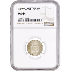 Austria 6 kreuzer 1849 A, NGC MS64, "Austrian Empire (1806 - 1857)"