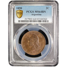 Argentina 2 centavos 1890, PCGS MS64 BN, "Argentine Peso (1881 - 1969)"