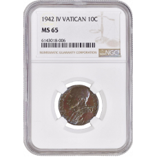 Ватикан 10 чентезимо 1942 г., NGC MS65, "Папа Пий XII (1939 - 1958)"