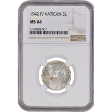 Vatikanstadt 5 Lire 1942, NGC MS64, "Papst Pius XII (1939 - 1958)"