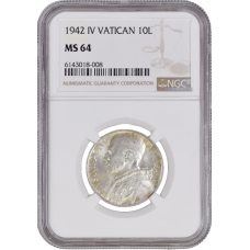 Vatican City 10 lire 1942, NGC MS64, "Pope Pius XII (1939 - 1958)"