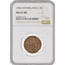 Netherlands 2 1/2 cents 1906, NGC MS65 BN, "Queen Wilhelmina (1890-1948)" TopPop