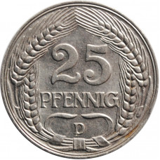 Germany 25 pfennig 1911 D, XF, "German Empire (1871 - 1922)"