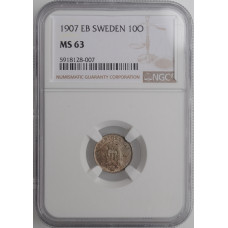 Sweden 10 ore 1907 EB, NGC MS63, "King Oscar II (1873 - 1907)"