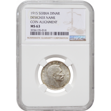 Serbia 1 dinar 1915, NGC MS63, "King Peter I (1903 - 1918)" KM# 25.3