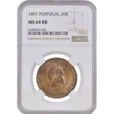 Portugal 20 Reis 1891, NGC MS64 RB, "König Karl I (1889 - 1908)"