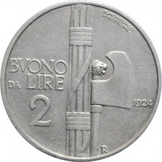 Italy 2 lire 1924, AU, "King Vittorio Emanuele III (1900 - 1946)"